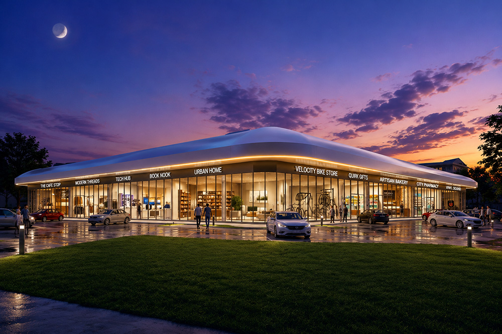 Architectural rendering of Drake Plaza at twilight, with contemporary storefronts and a landscaped setting
