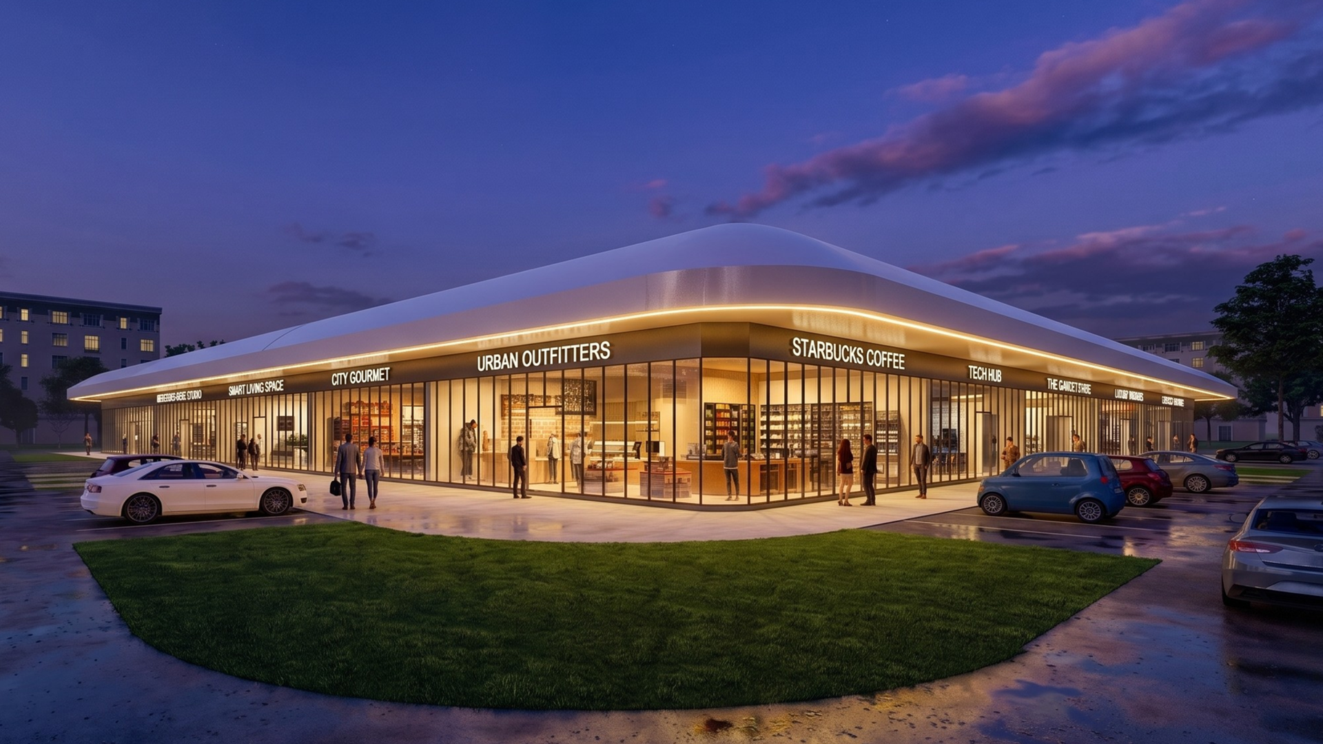 Dusk architectural rendering of Drake Plaza, with a contemporary white roof, illuminated glass storefronts and landscaped foreground