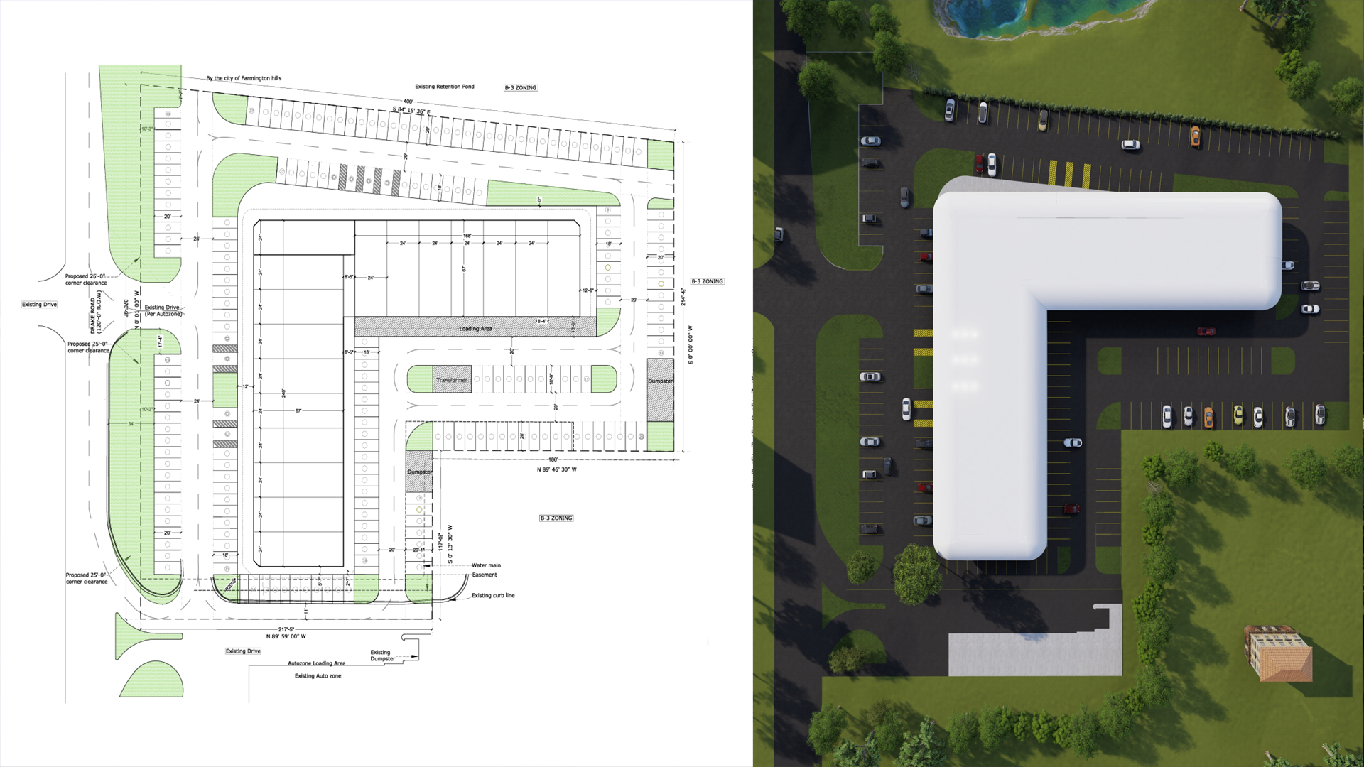 Drake Plaza master plan, showing the proposed site layout beside an aerial view of the connected retail building, parking and landscaped grounds